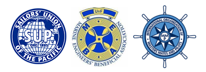 Logos: Sailor's Union of the Pacific, Marine Engineers Beneficial Association and International Organization of Masters Mates and Pilots